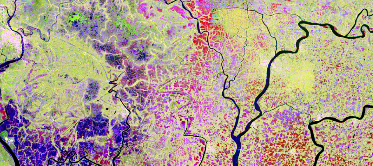 An RGB representation (VH on 16 May as a red band, VH on 22 May as a green band, and VH/VV on 22 May as a blue band) of Sentinel-1 