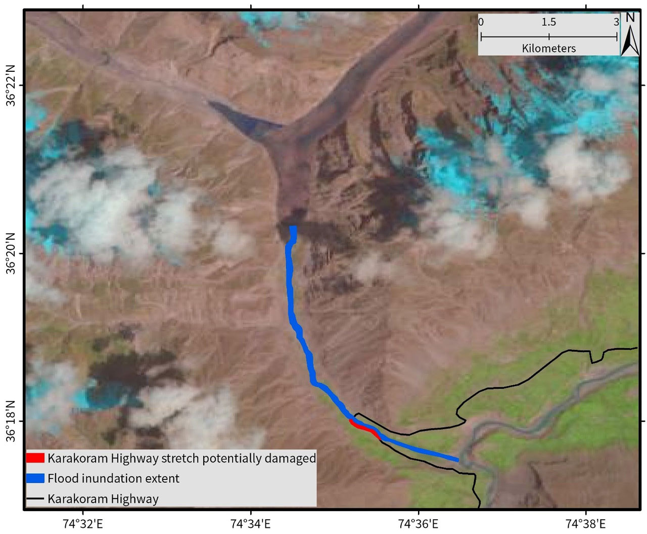 Extent of inundation due to the GLOF on 29 May 2020 at 10:08 AM local time 