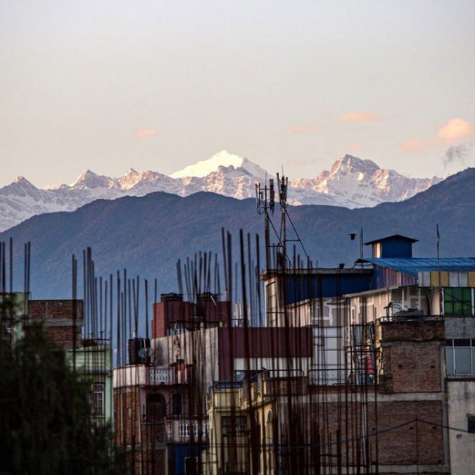 The Himalaya as seen from a rooftop in central Kathmandu, Nepal, on 5 May 2020