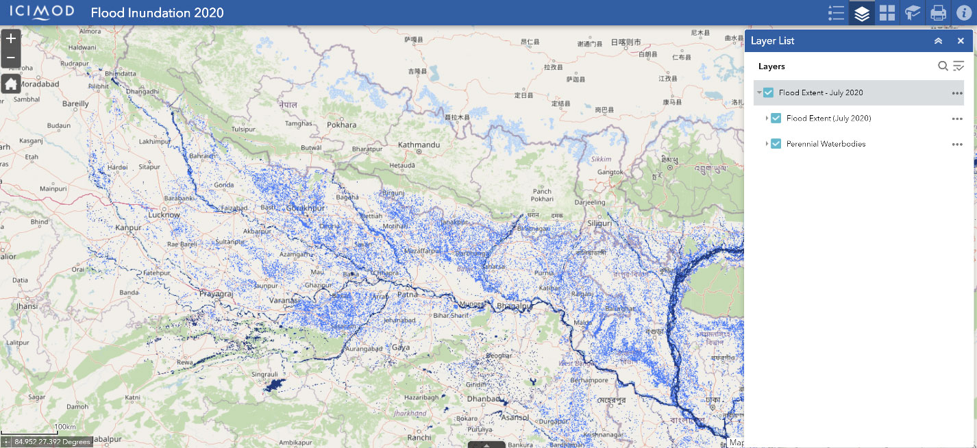 Map showing flood-inundated areas in the HKH region using Sentinel-1